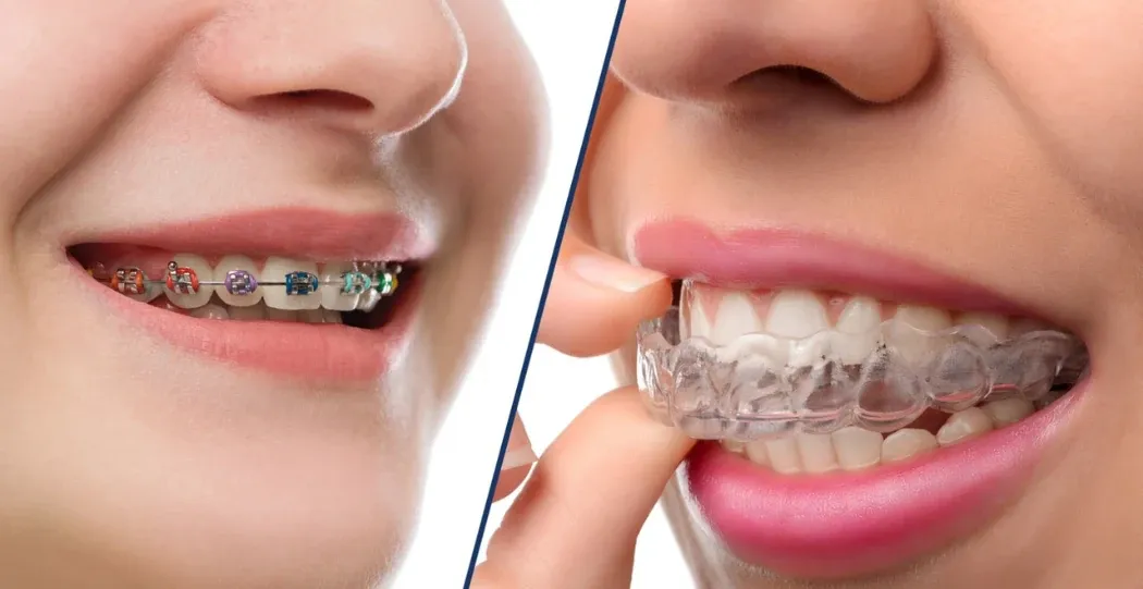 Side-by-side comparison of metal braces and a clear aligner